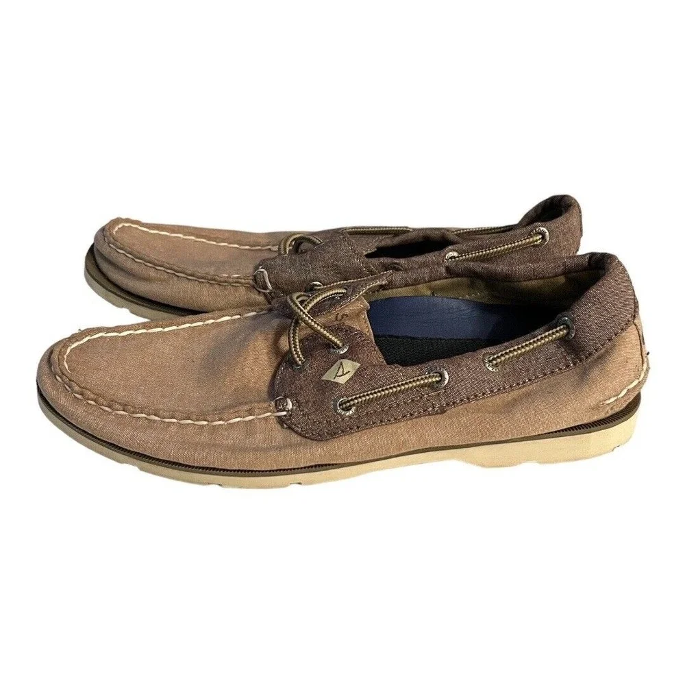 Sperry Men’s Top Siders Slip‎ On Boat Shoes Tan Canvas Leather Lace Up Size 8M